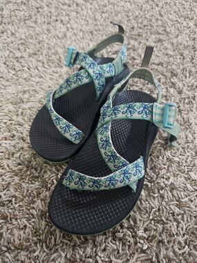 Chaco Patterned Aqua Strap Sandals with Navy Footbed